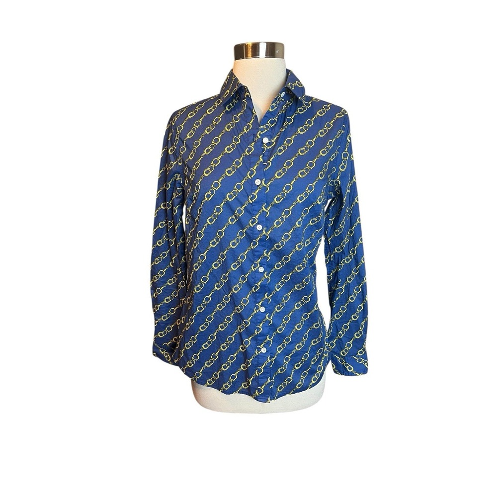 J. McLaughlin Lois Shirt Size XS Blue Equestrian Horseshoe Print